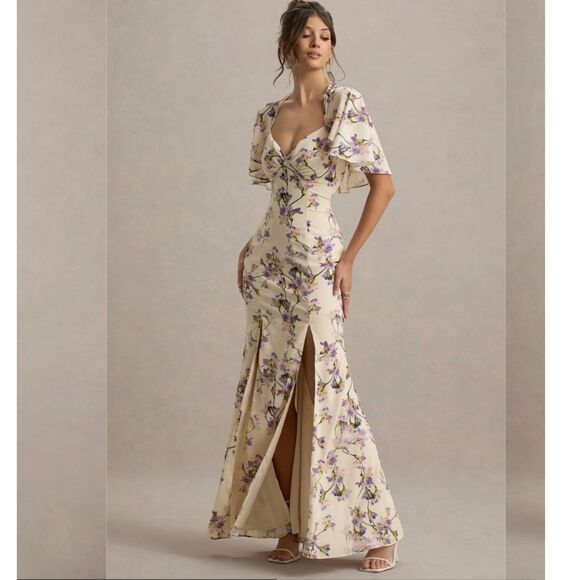 Club L London Dresses & Skirts - Club L London Floral Print Plunge-Neck Maxi Dress w/ High Front Split | US 4